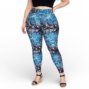 Leggings Depot blue black floral print high rise stretch leggings plus size
